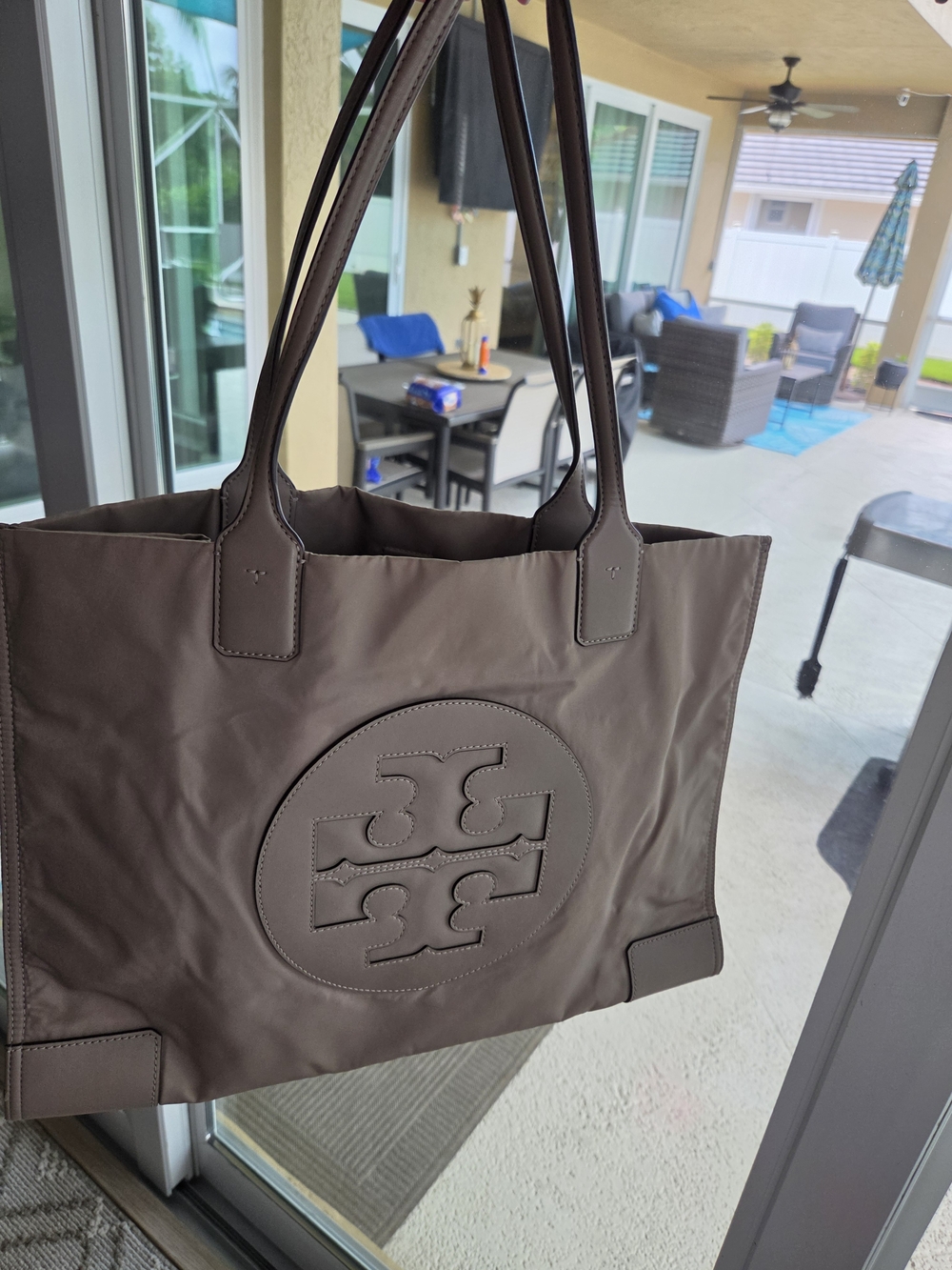 Tory Burch Taupe Nylon Logo Tote with Leather Trim